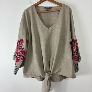 Olivia & Martin Embroidered Blouse Womens 1X Neutral Boho Tie Front Boxy Fit